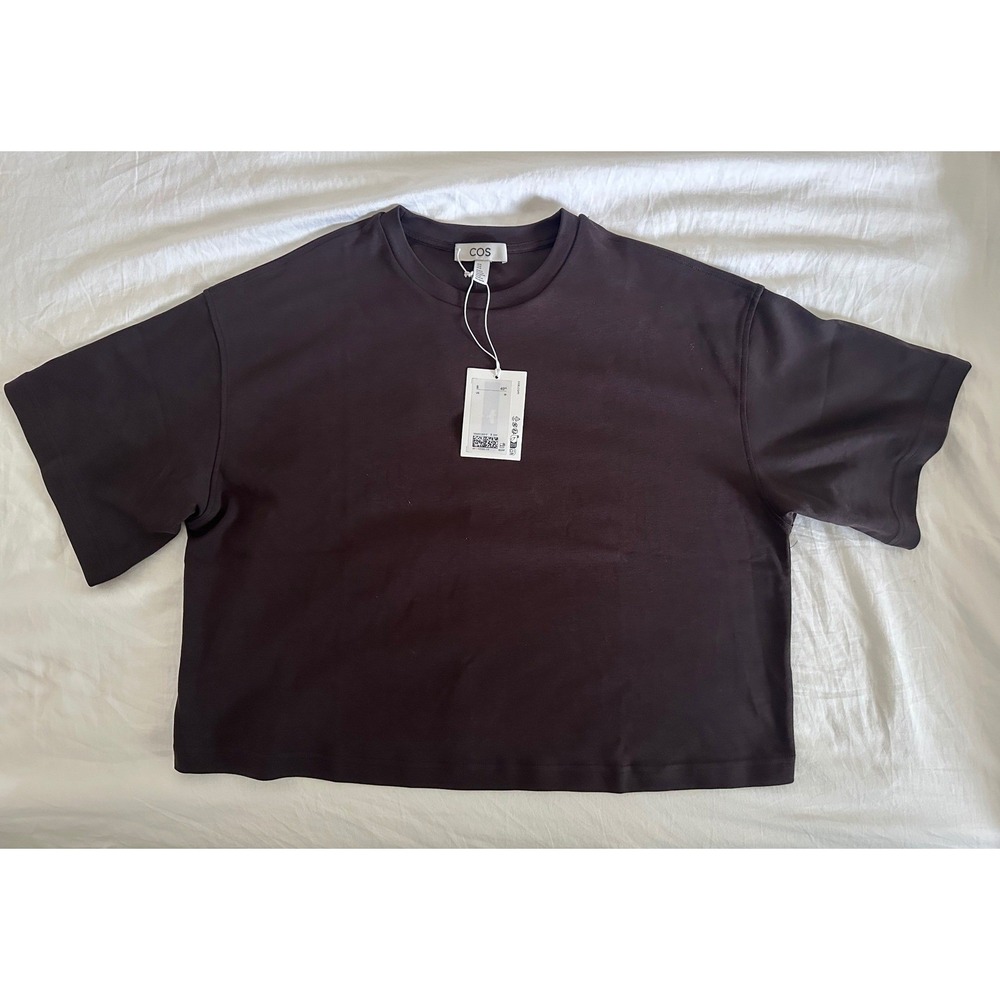 NWT COS Women Oversized Boxy Cropped Cotton T-Shirt Dark Brown Crew Neck Medium - Picture 4 of 6